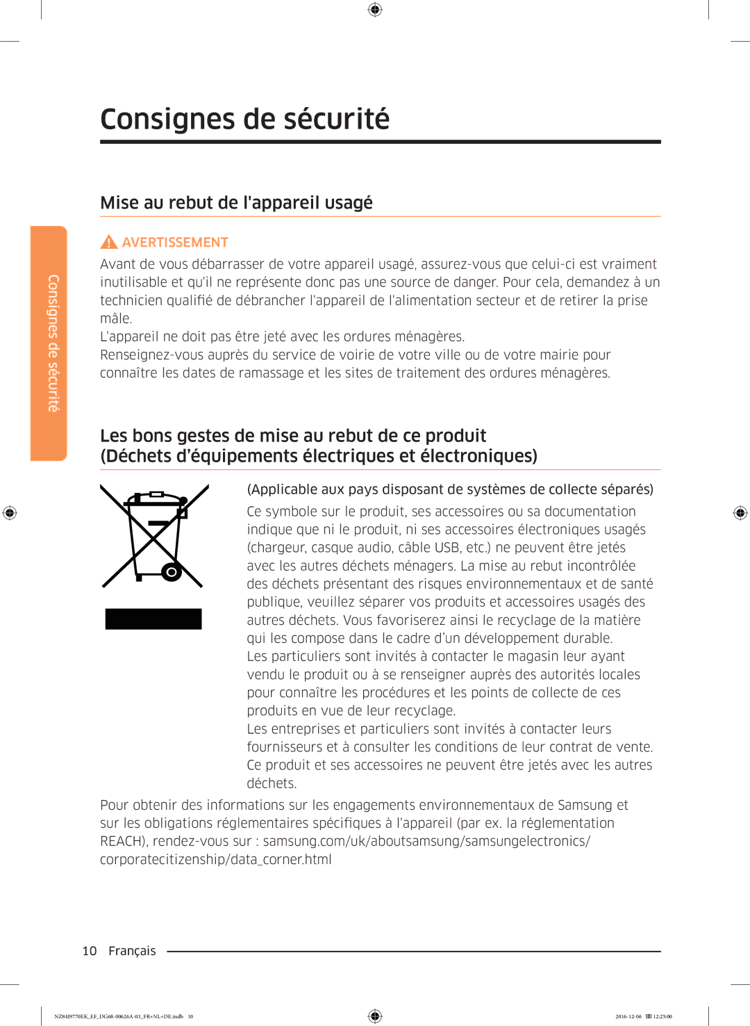 Samsung NZ84J9770EK/EF manual Mise au rebut de lappareil usagé 