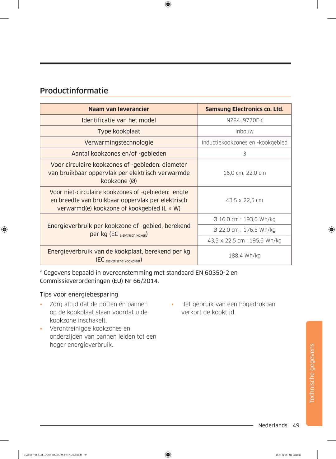 Samsung NZ84J9770EK/EF manual Productinformatie, Naam van leverancier 