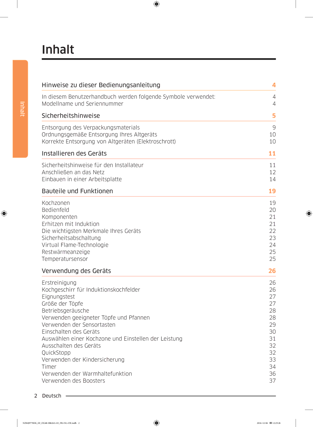 Samsung NZ84J9770EK/EF manual Inhalt, Sicherheitshinweise 