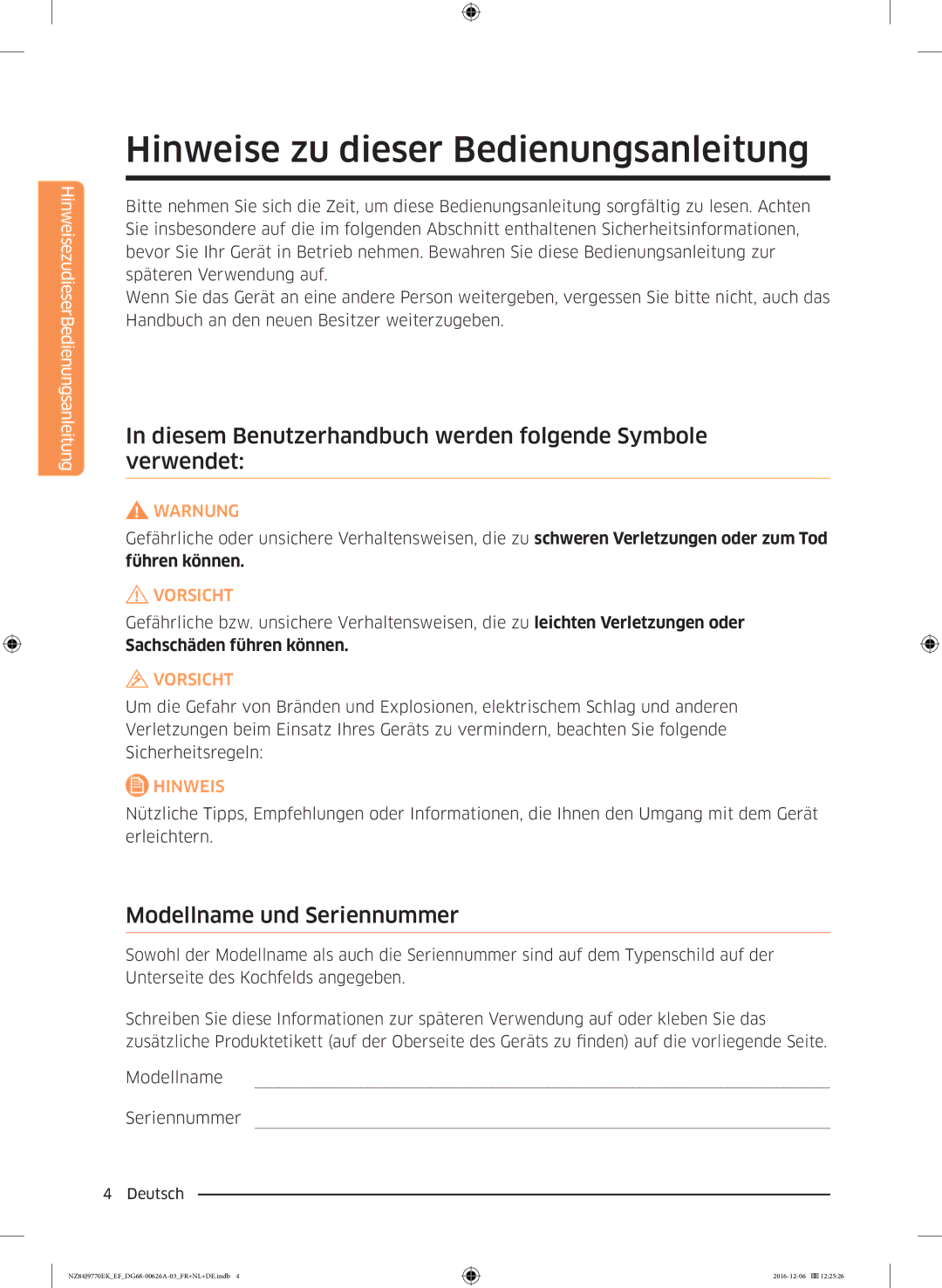 Samsung NZ84J9770EK/EF Hinweise zu dieser Bedienungsanleitung, Diesem Benutzerhandbuch werden folgende Symbole verwendet 