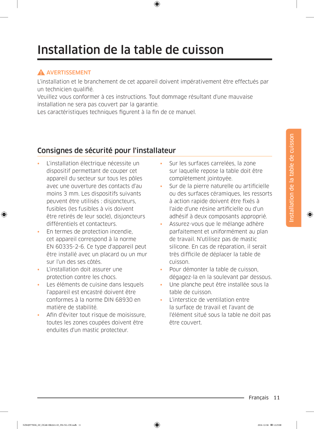 Samsung NZ84J9770EK/EF manual Installation de la table de cuisson, Consignes de sécurité pour linstallateur 