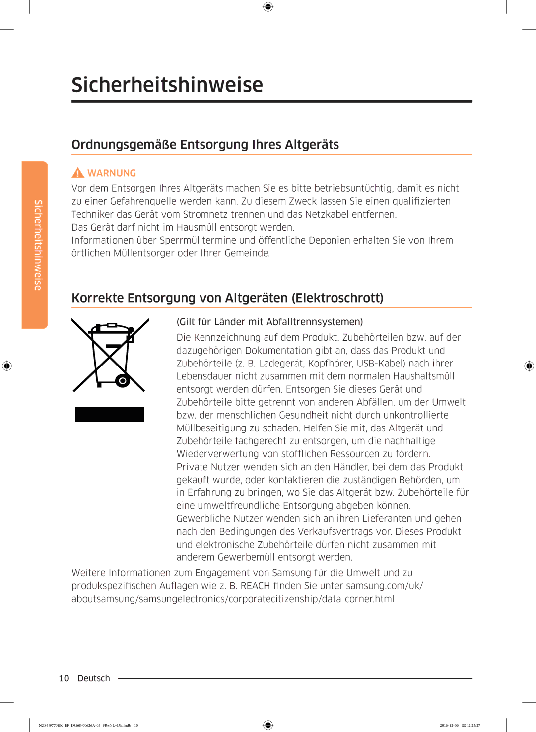 Samsung NZ84J9770EK/EF manual Ordnungsgemäße Entsorgung Ihres Altgeräts, Korrekte Entsorgung von Altgeräten Elektroschrott 