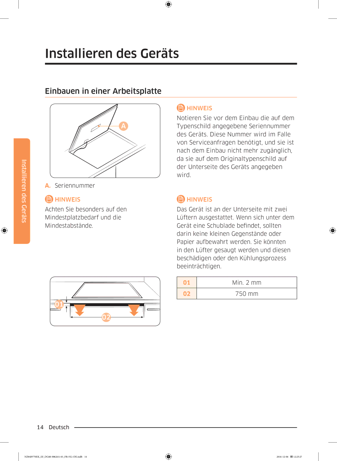 Samsung NZ84J9770EK/EF manual Einbauen in einer Arbeitsplatte 