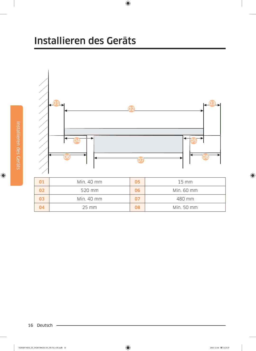 Samsung NZ84J9770EK/EF manual Min mm 15 mm 520 mm 480 mm 25 mm 