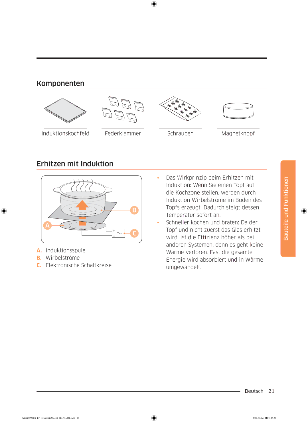 Samsung NZ84J9770EK/EF manual Komponenten, Erhitzen mit Induktion 