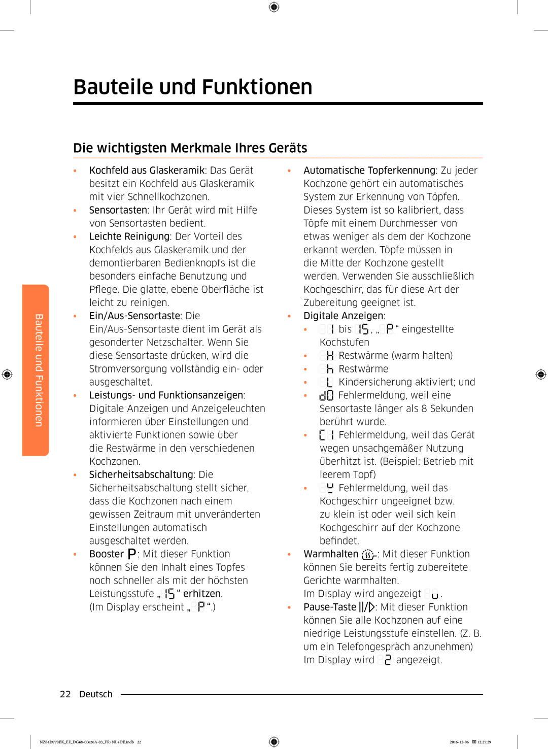 Samsung NZ84J9770EK/EF manual Die wichtigsten Merkmale Ihres Geräts 