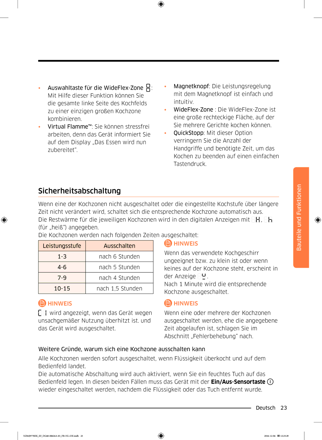 Samsung NZ84J9770EK/EF manual Sicherheitsabschaltung, Und Funktionen 