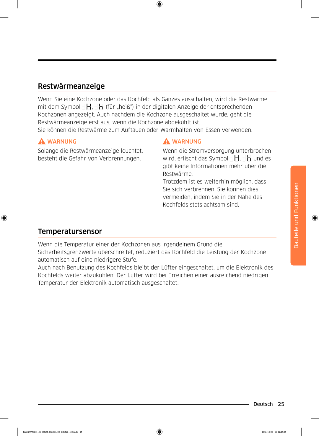 Samsung NZ84J9770EK/EF manual Restwärmeanzeige, Temperatursensor 