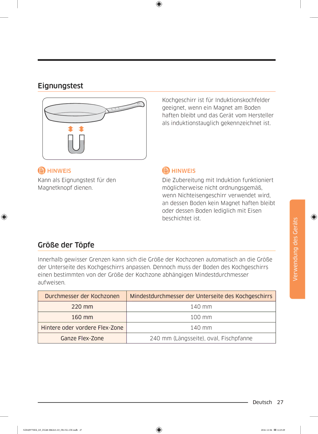 Samsung NZ84J9770EK/EF manual Eignungstest, Größe der Töpfe 