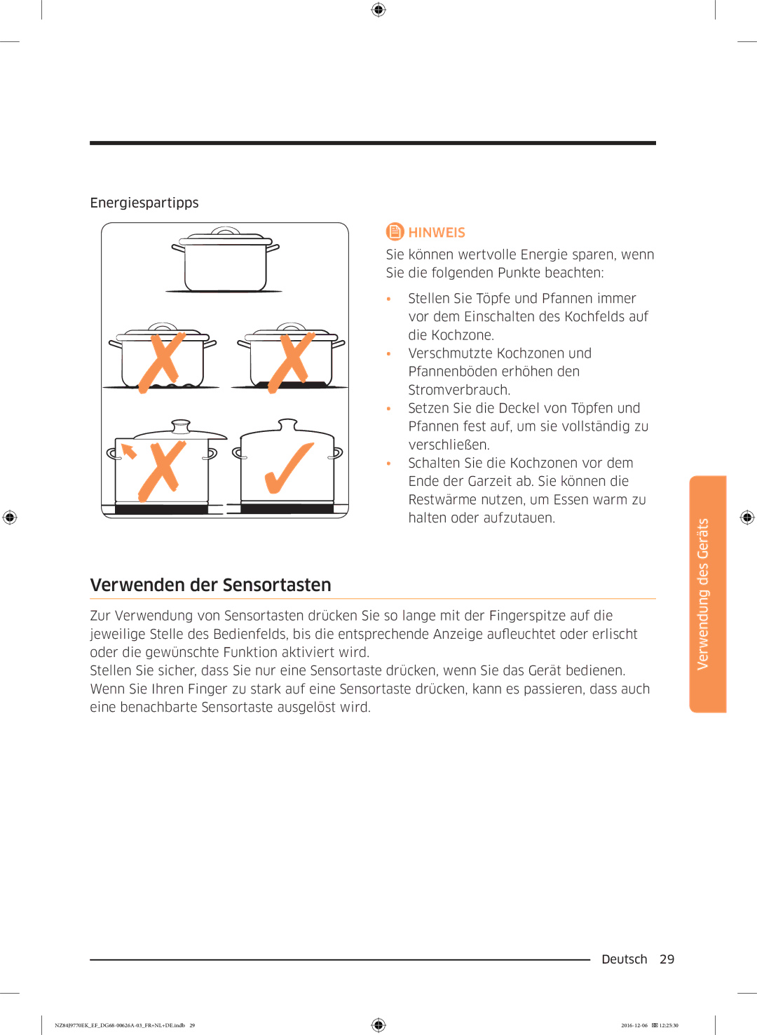 Samsung NZ84J9770EK/EF manual Verwenden der Sensortasten 