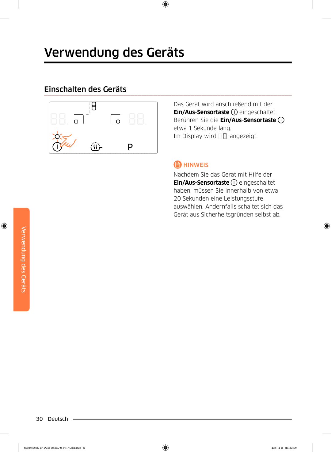 Samsung NZ84J9770EK/EF manual Einschalten des Geräts 