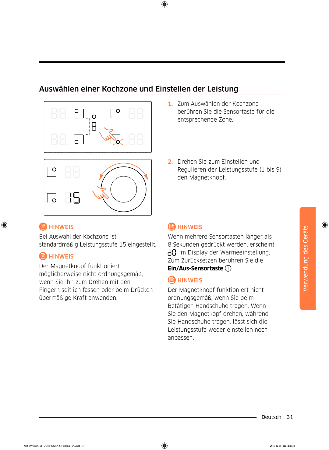 Samsung NZ84J9770EK/EF manual Auswählen einer Kochzone und Einstellen der Leistung 