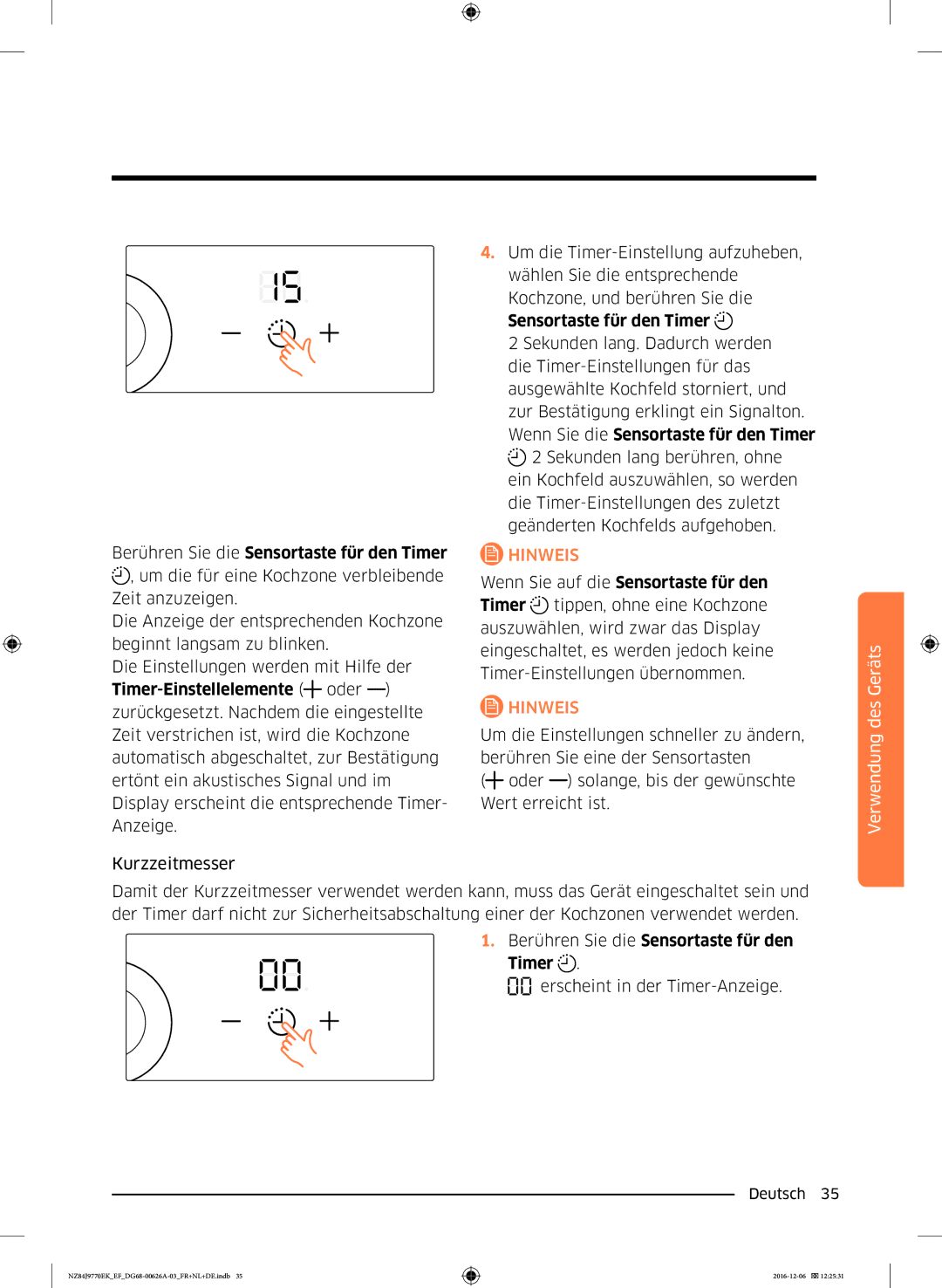 Samsung NZ84J9770EK/EF manual Berühren Sie die Sensortaste für den Timer 