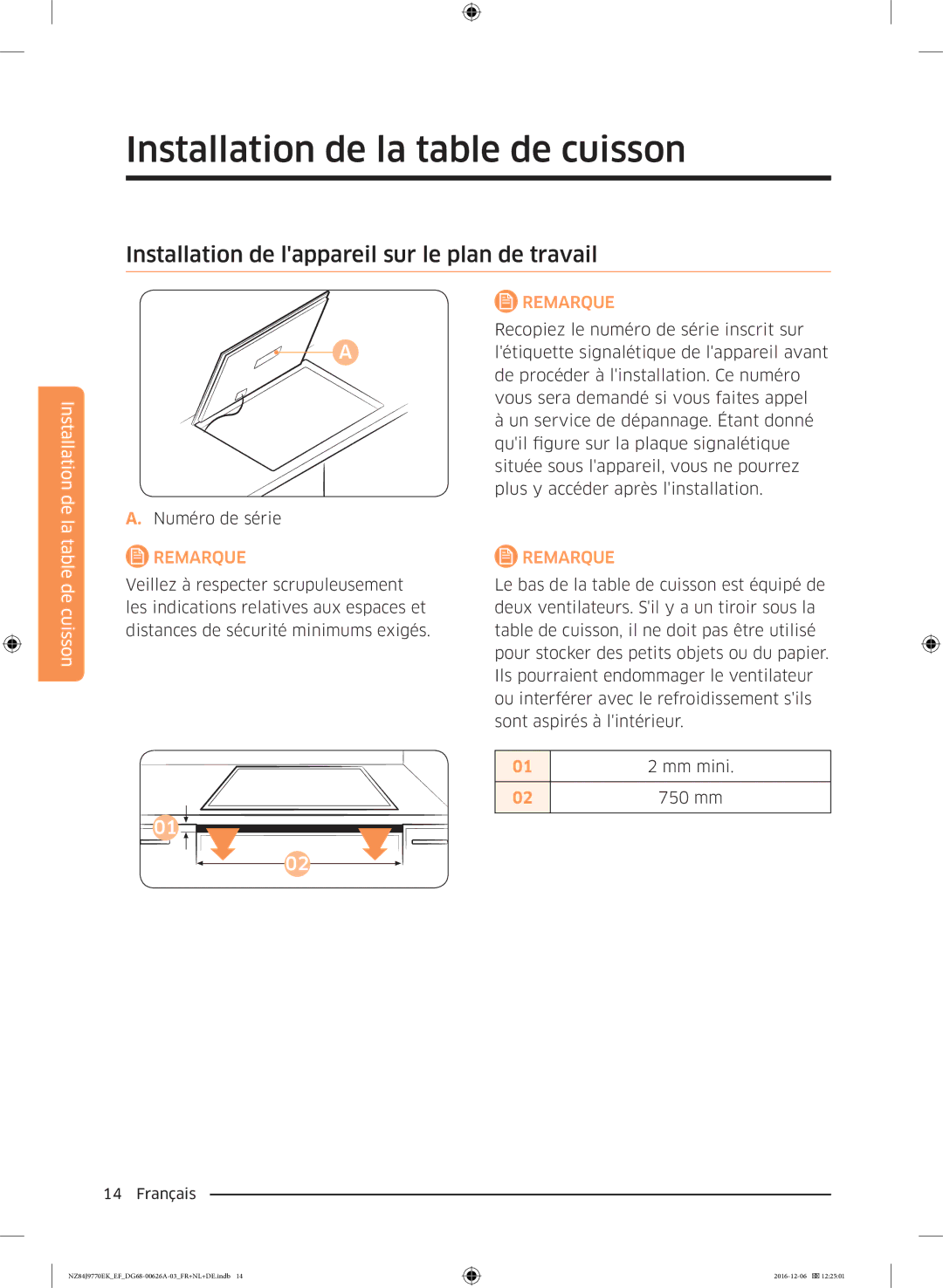 Samsung NZ84J9770EK/EF manual Installation de lappareil sur le plan de travail, 750 mm 