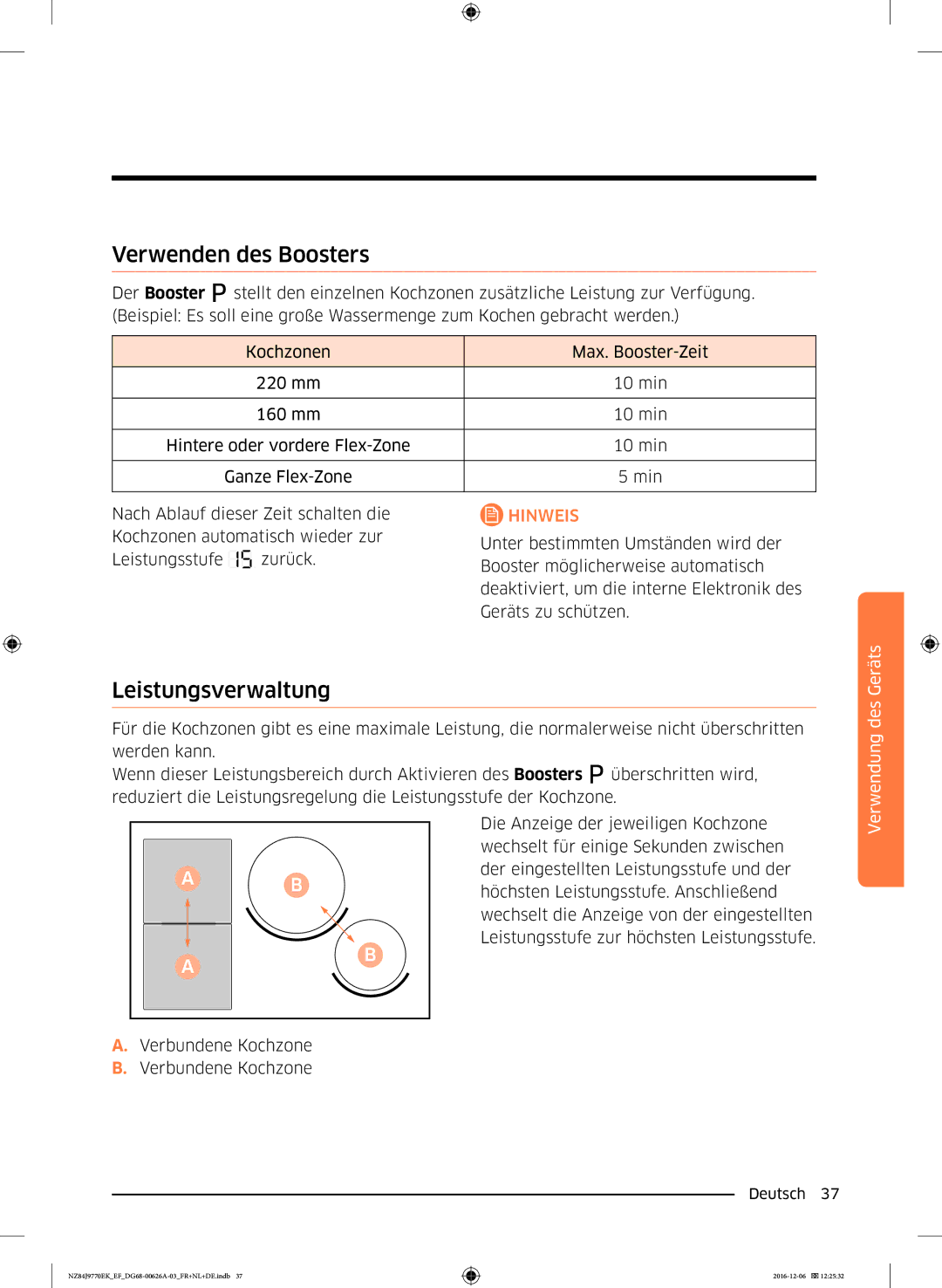 Samsung NZ84J9770EK/EF manual Verwenden des Boosters, Leistungsverwaltung 