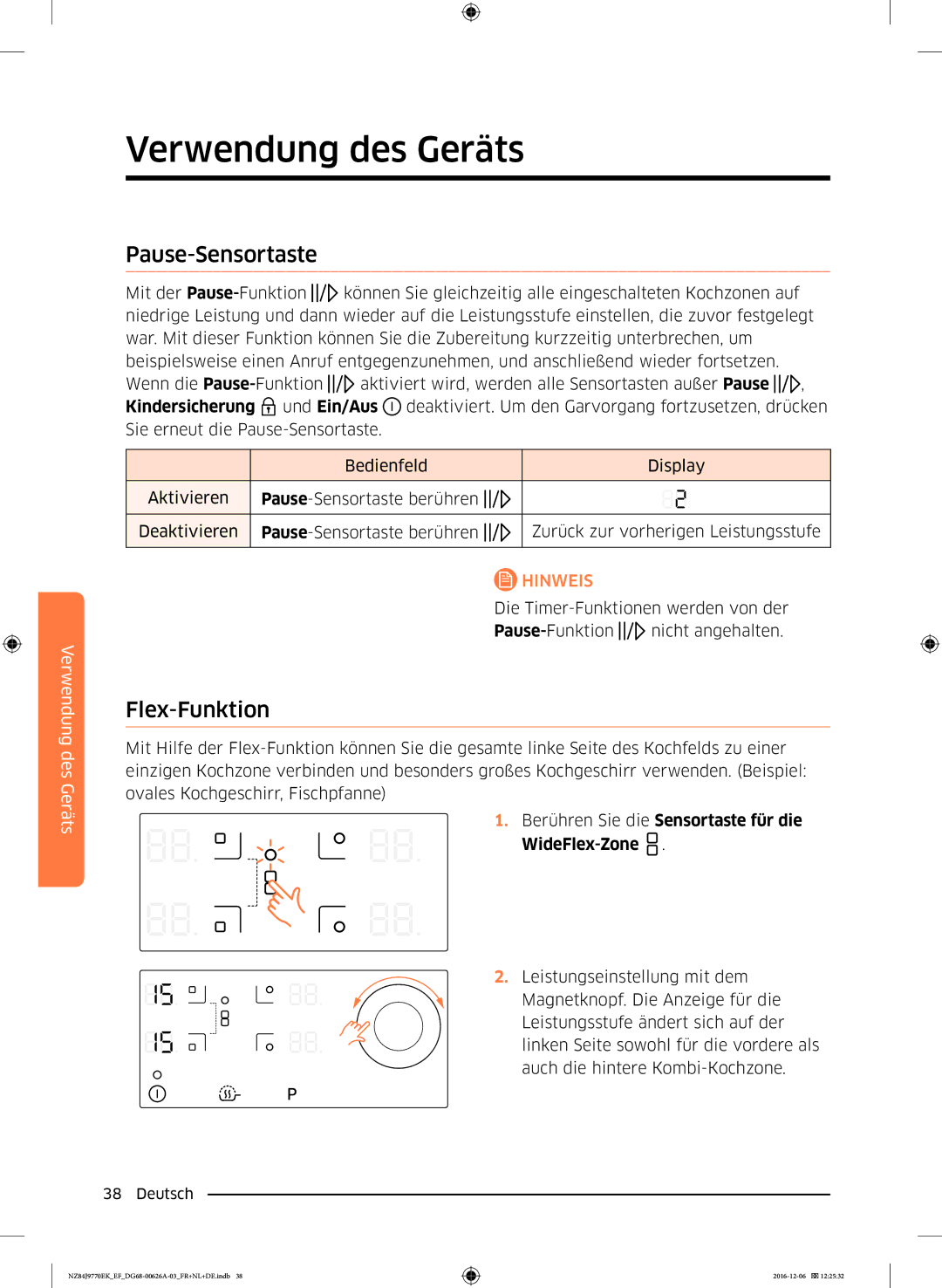 Samsung NZ84J9770EK/EF manual Pause-Sensortaste, Flex-Funktion, Berühren Sie die Sensortaste für die WideFlex-Zone 