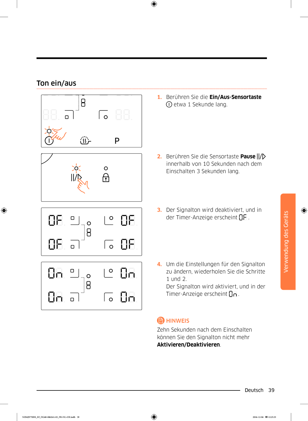 Samsung NZ84J9770EK/EF manual Ton ein/aus, Berühren Sie die Ein/Aus-Sensortaste 