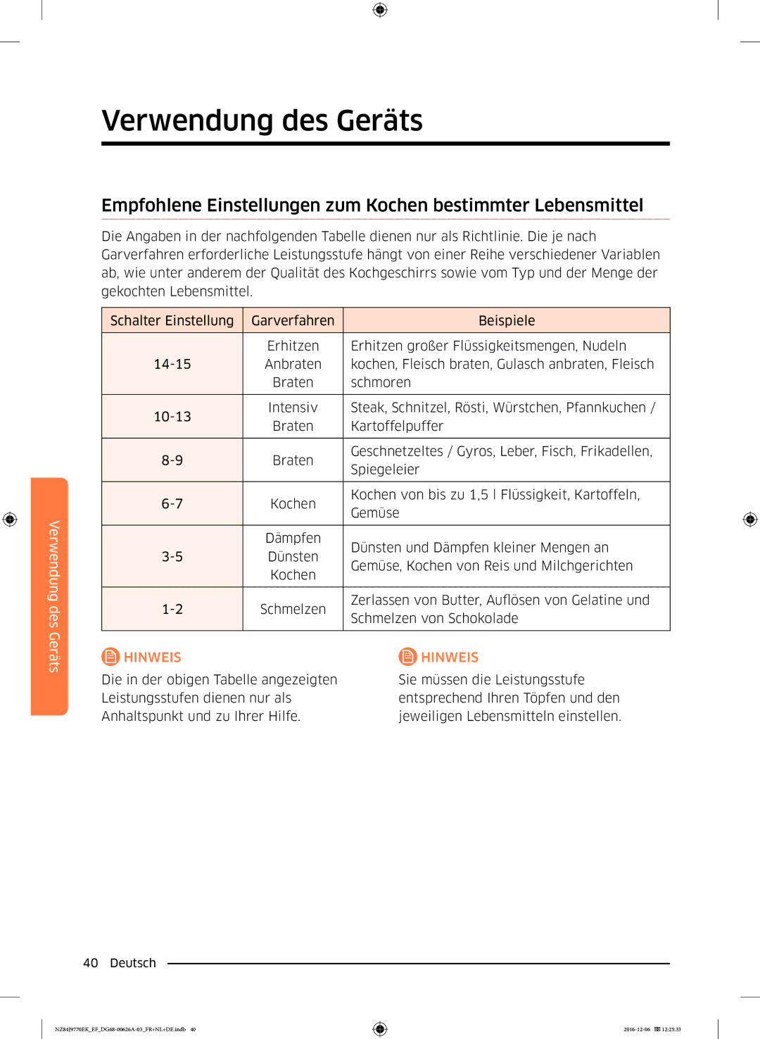 Samsung NZ84J9770EK/EF manual Empfohlene Einstellungen zum Kochen bestimmter Lebensmittel 