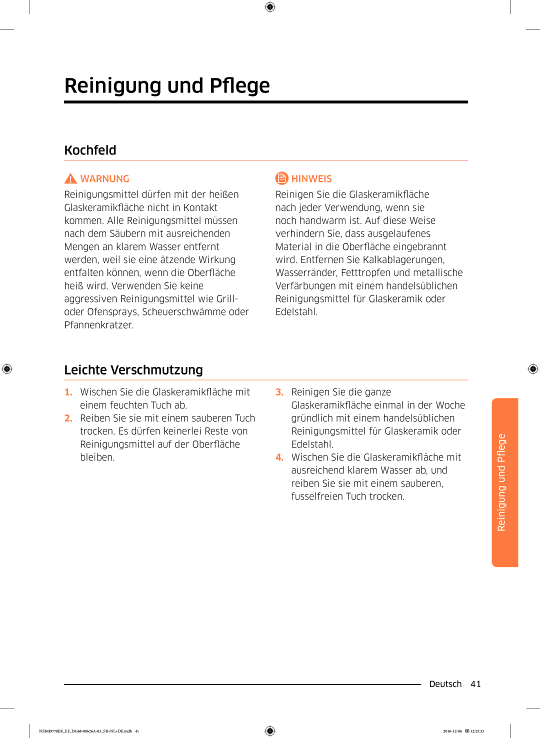 Samsung NZ84J9770EK/EF manual Reinigung und Pflege, Kochfeld, Leichte Verschmutzung 