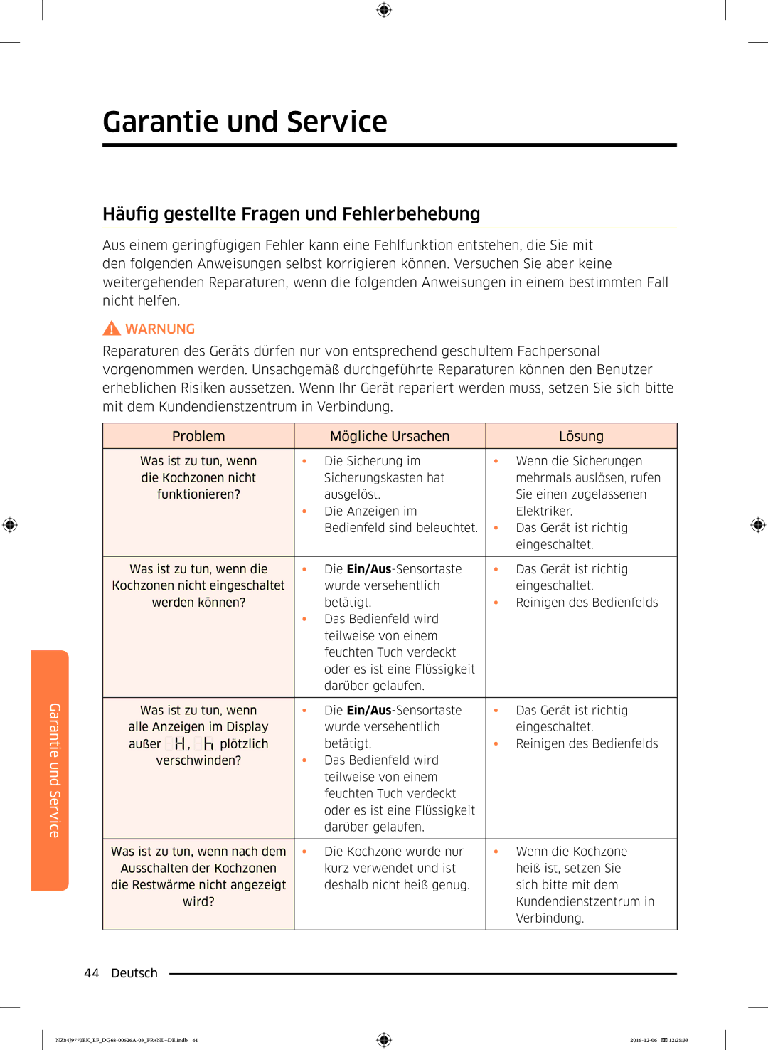 Samsung NZ84J9770EK/EF manual Garantie und Service, Häufig gestellte Fragen und Fehlerbehebung 