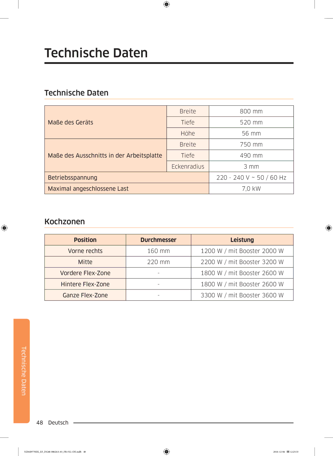 Samsung NZ84J9770EK/EF manual Technische Daten, Position Durchmesser Leistung 