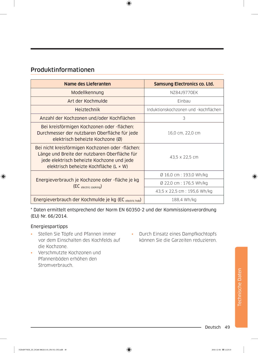 Samsung NZ84J9770EK/EF manual Produktinformationen, Name des Lieferanten 