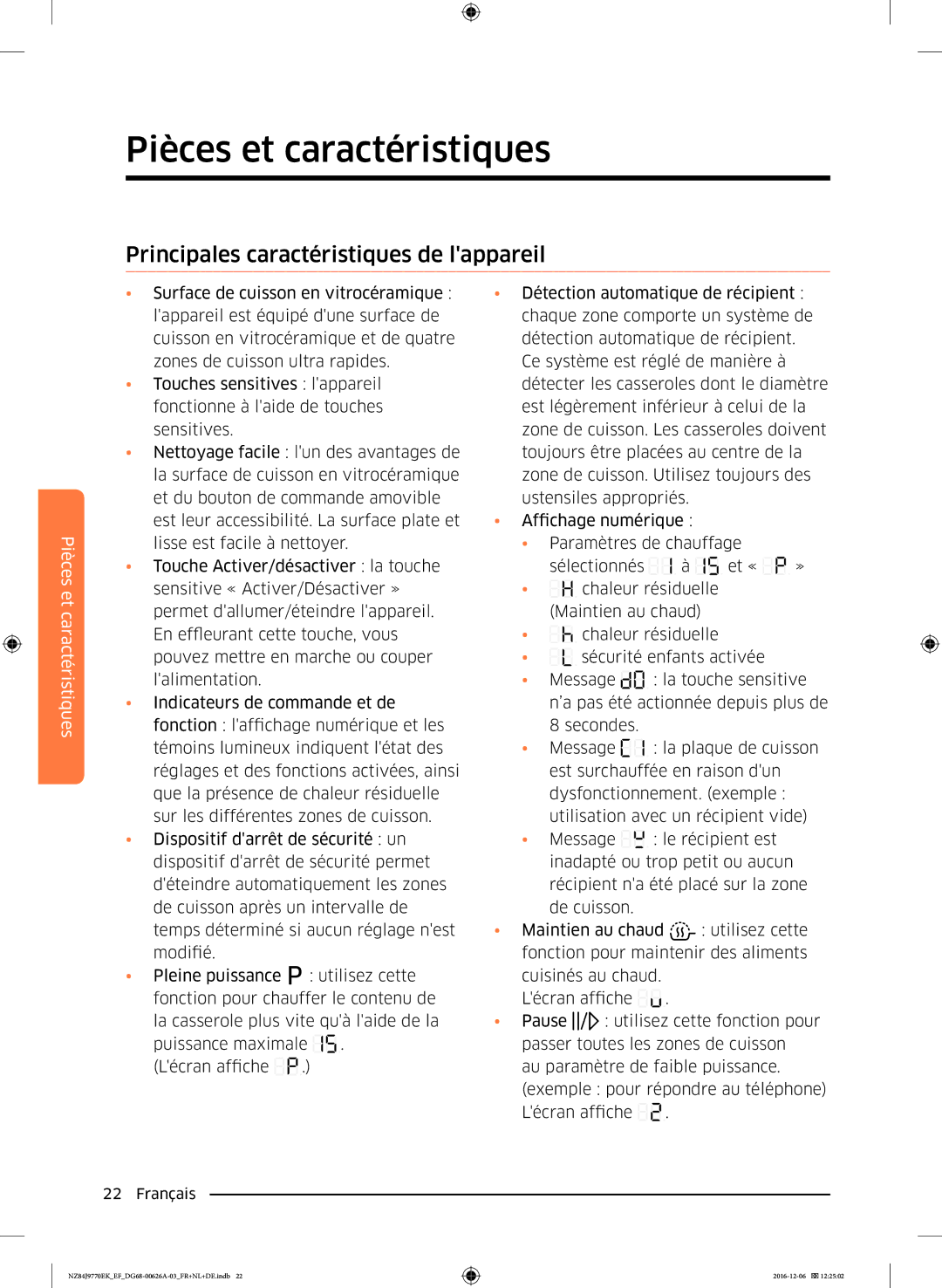 Samsung NZ84J9770EK/EF manual Principales caractéristiques de lappareil 