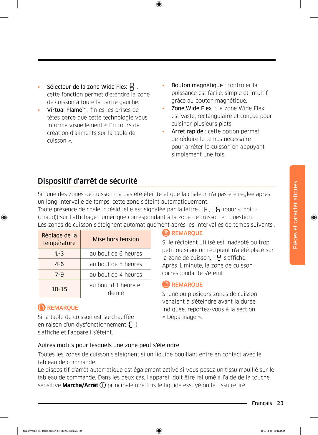 Samsung NZ84J9770EK/EF manual Dispositif darrêt de sécurité, Et caractéristiques 