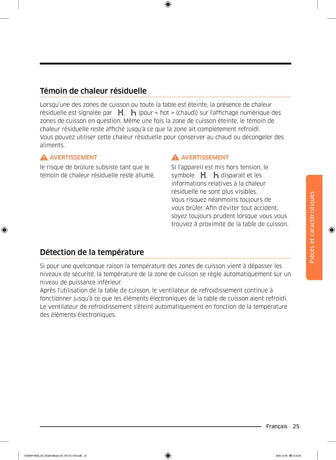 Samsung NZ84J9770EK/EF manual Témoin de chaleur résiduelle, Détection de la température 