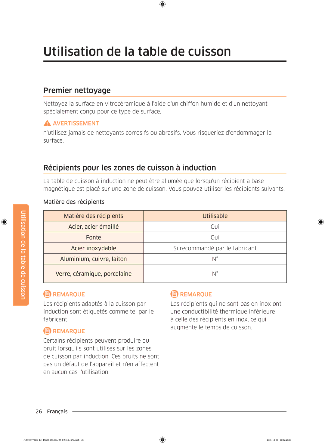 Samsung NZ84J9770EK/EF manual Utilisation de la table de cuisson, Premier nettoyage 