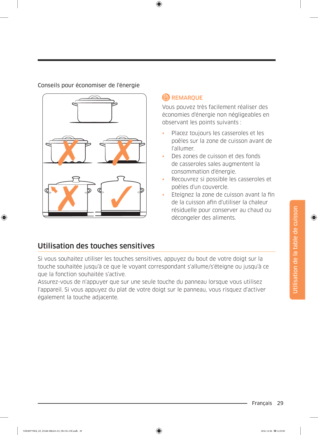 Samsung NZ84J9770EK/EF manual Utilisation des touches sensitives 