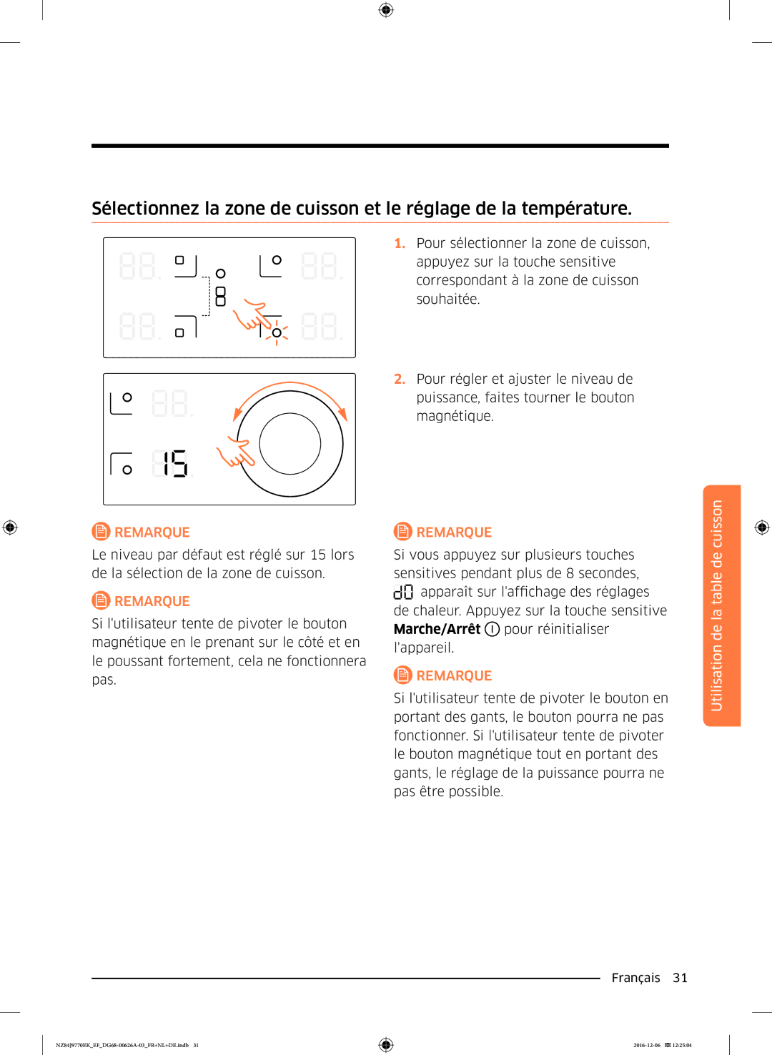 Samsung NZ84J9770EK/EF manual Utilisation de la table de cuisson 