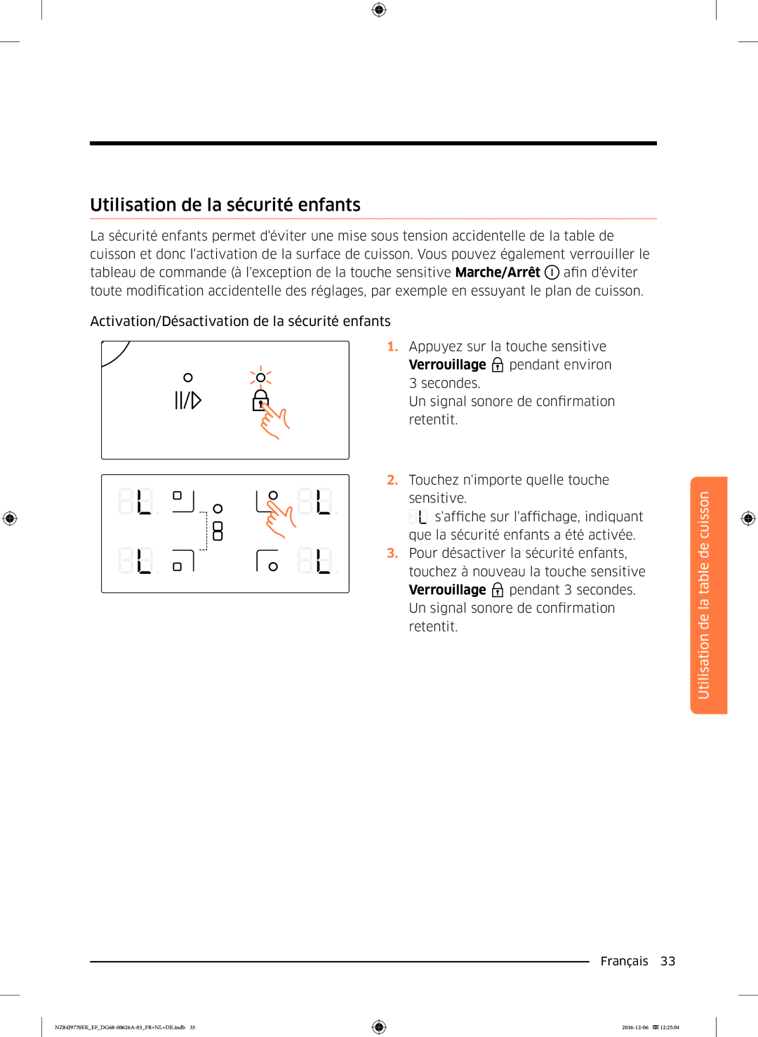 Samsung NZ84J9770EK/EF manual Utilisation de la sécurité enfants 