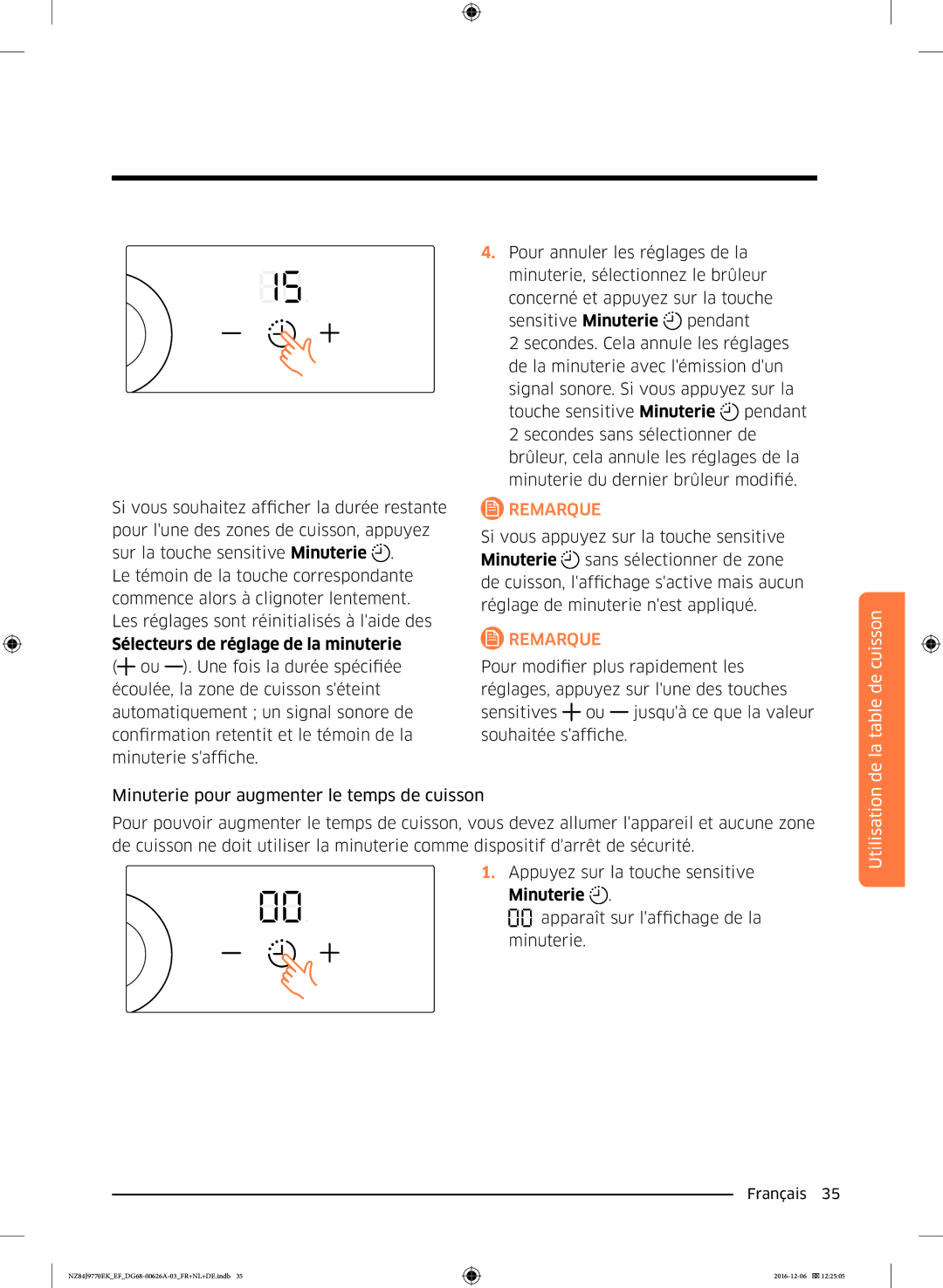 Samsung NZ84J9770EK/EF manual De la table de cuisson, Minuterie 