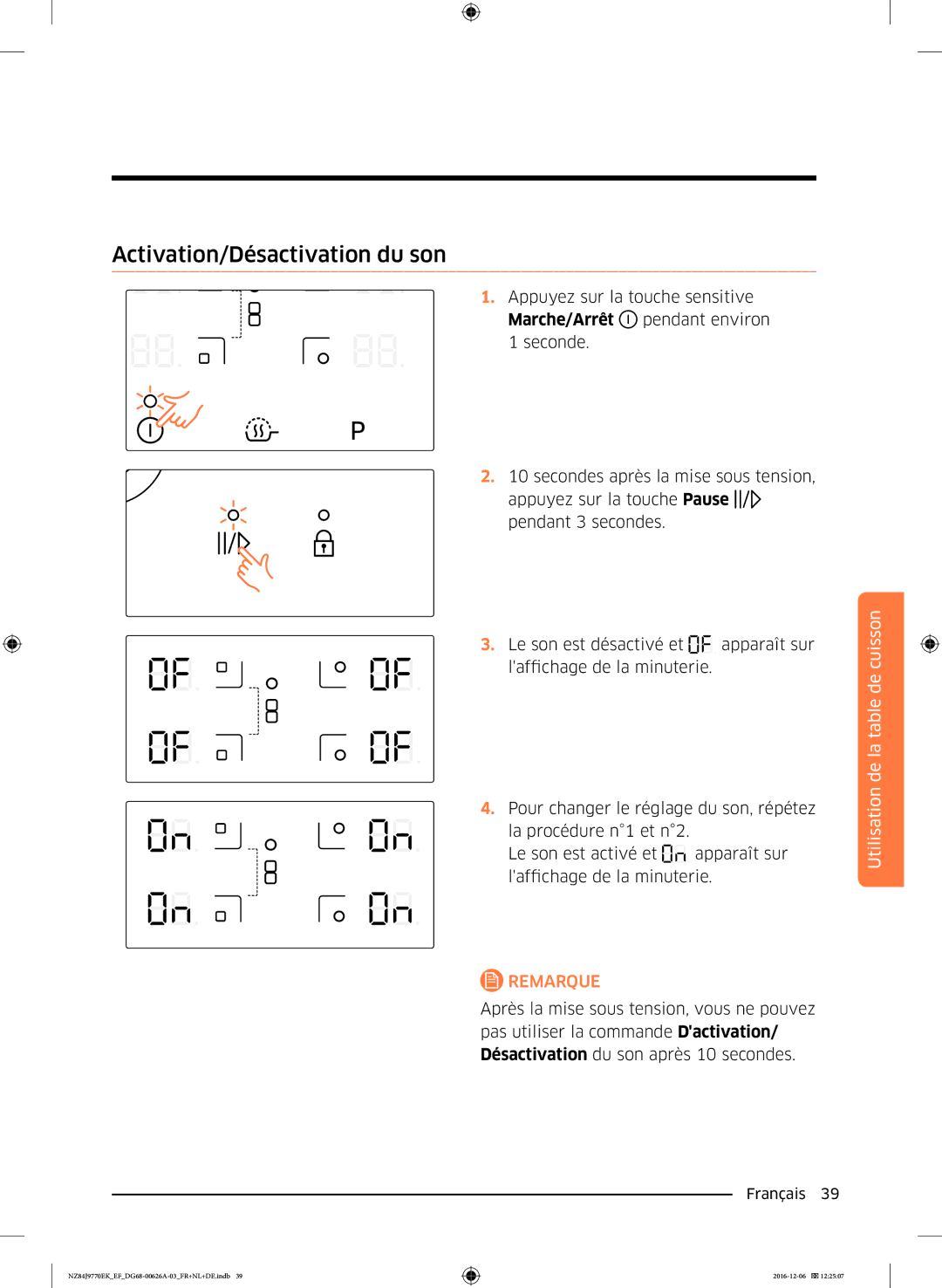 Samsung NZ84J9770EK/EF manual Activation/Désactivation du son 