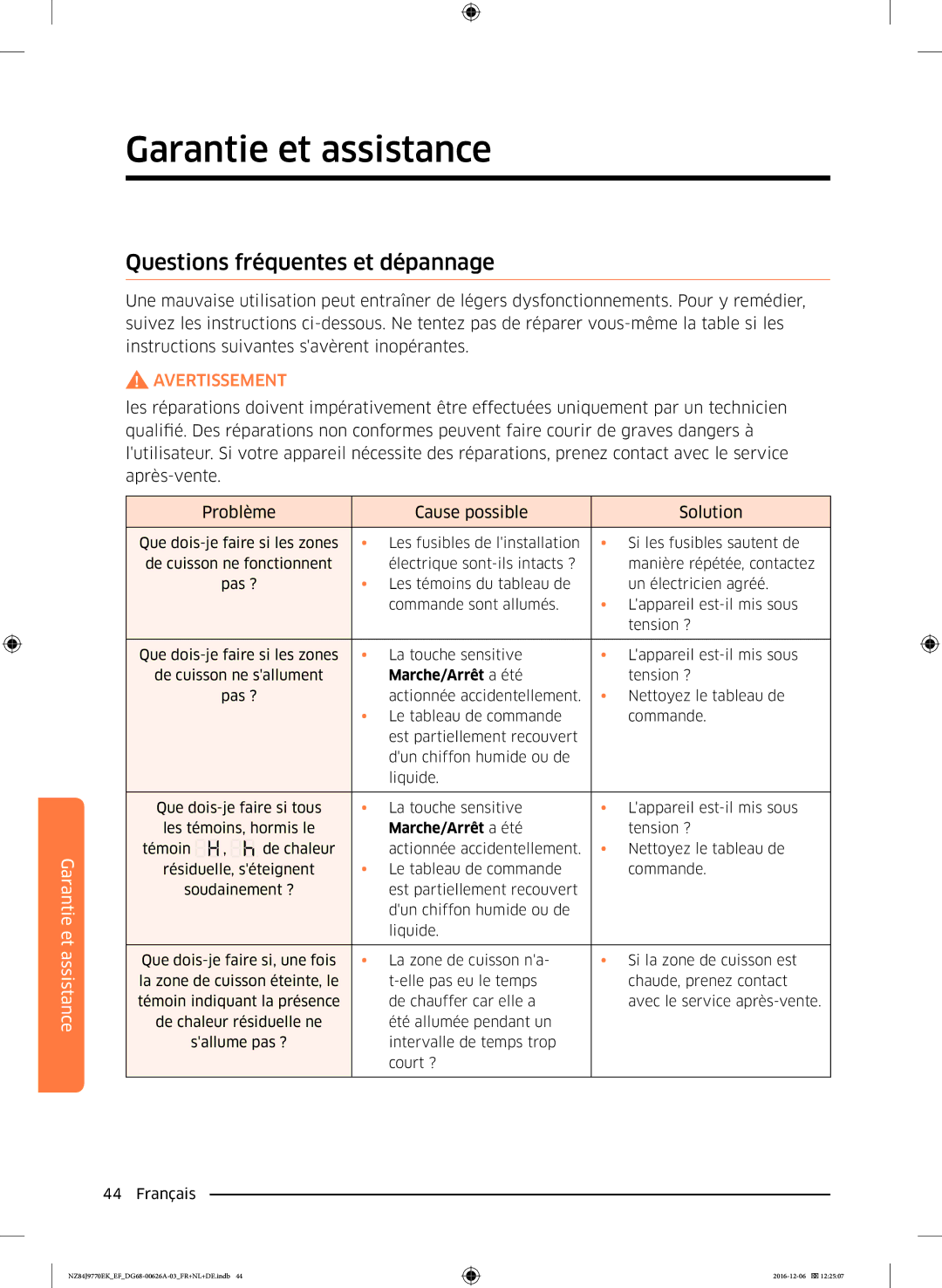 Samsung NZ84J9770EK/EF manual Garantie et assistance, Questions fréquentes et dépannage 