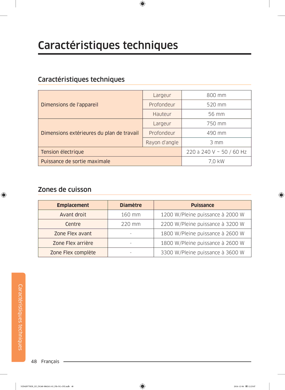 Samsung NZ84J9770EK/EF manual Caractéristiques techniques, Emplacement Diamètre Puissance 