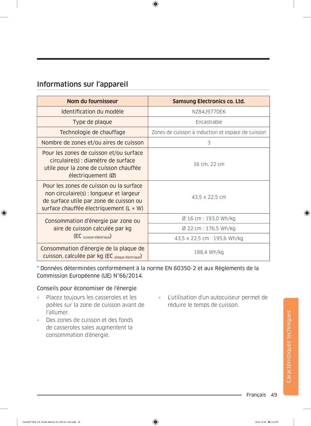 Samsung NZ84J9770EK/EF manual Informations sur lappareil, Nom du fournisseur 