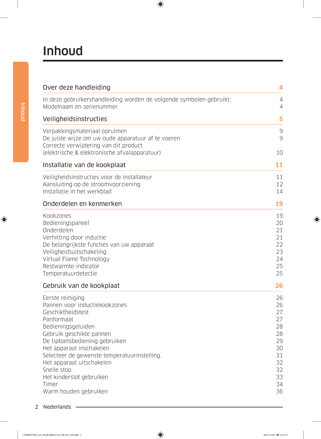 Samsung NZ84J9770EK/EF manual Inhoud, Veiligheidsinstructies 