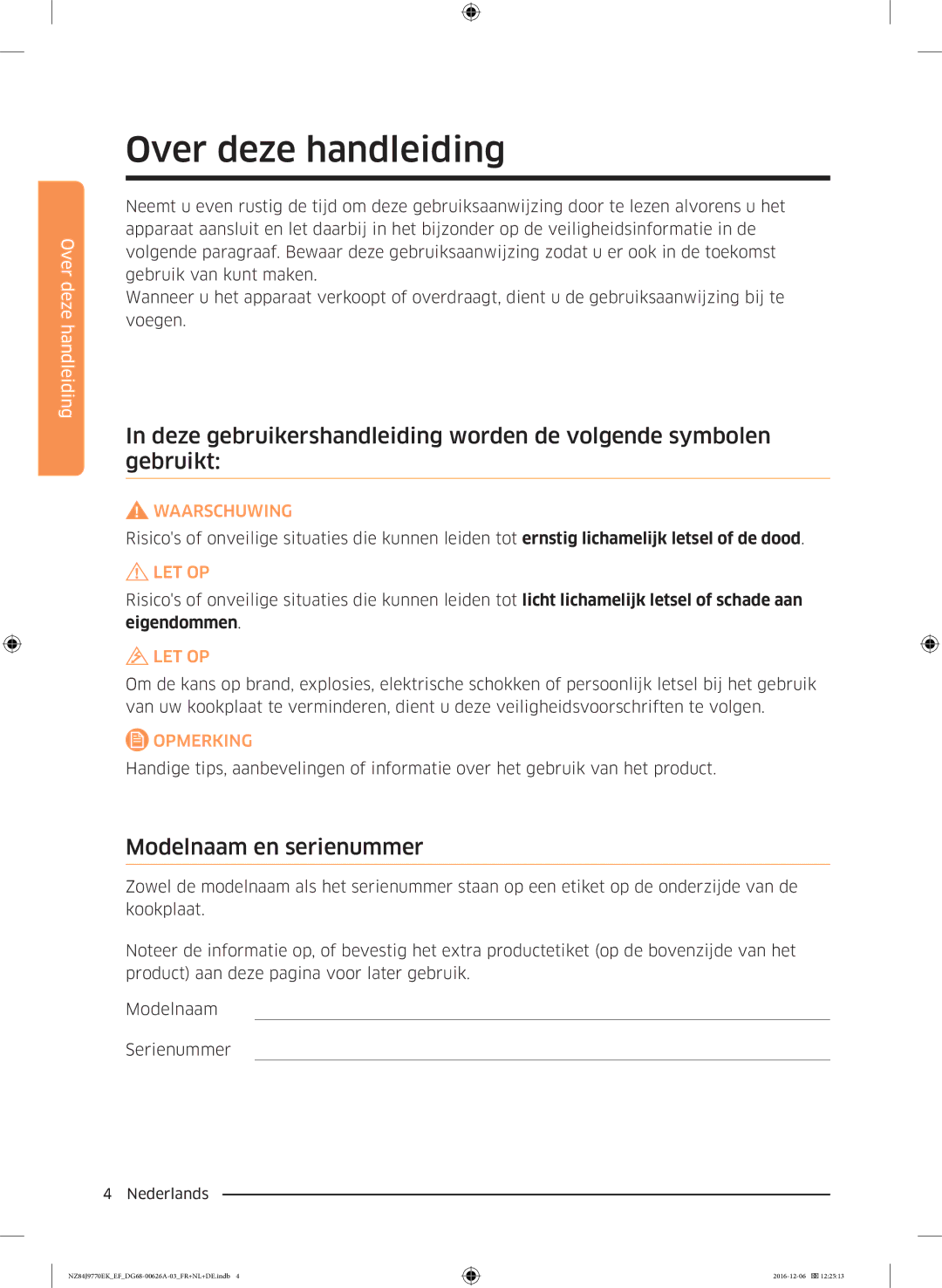 Samsung NZ84J9770EK/EF manual Over deze handleiding, Modelnaam en serienummer 