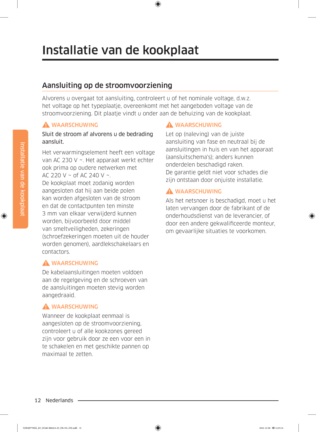 Samsung NZ84J9770EK/EF manual Aansluiting op de stroomvoorziening 