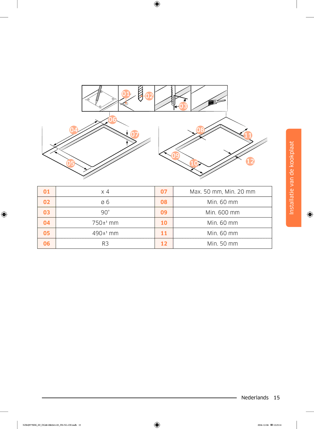 Samsung NZ84J9770EK/EF manual Max mm, Min mm 