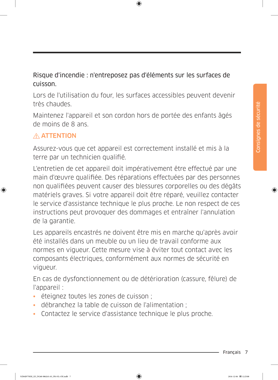 Samsung NZ84J9770EK/EF manual Consignes de sécurité 