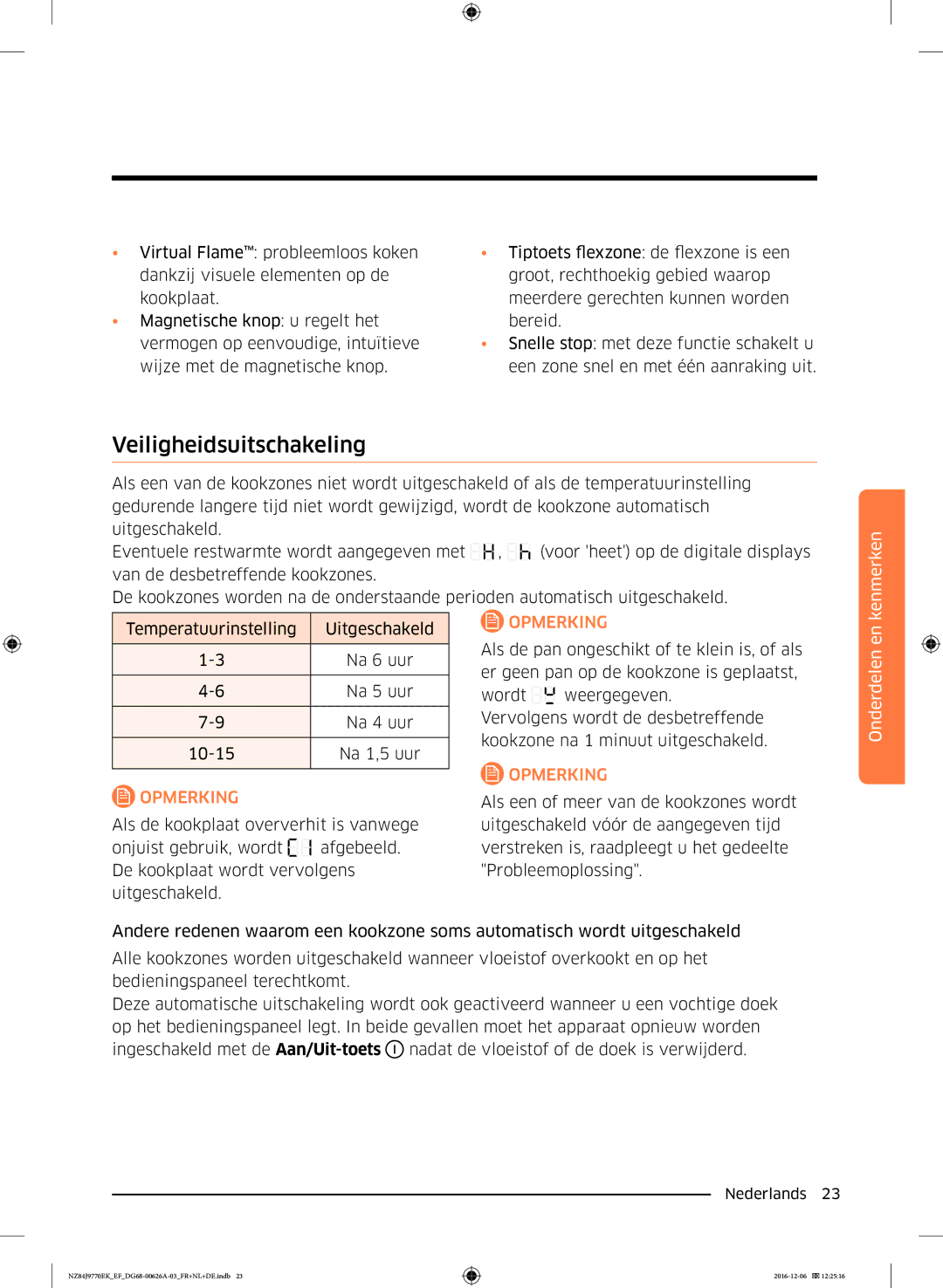 Samsung NZ84J9770EK/EF manual Veiligheidsuitschakeling, Onderdelen en 