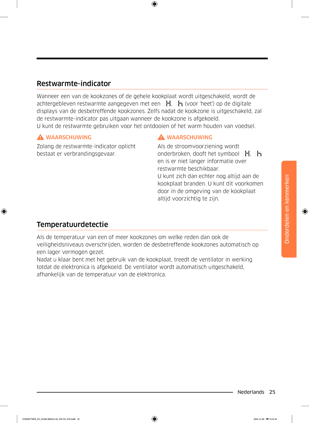 Samsung NZ84J9770EK/EF manual Restwarmte-indicator, Temperatuurdetectie 