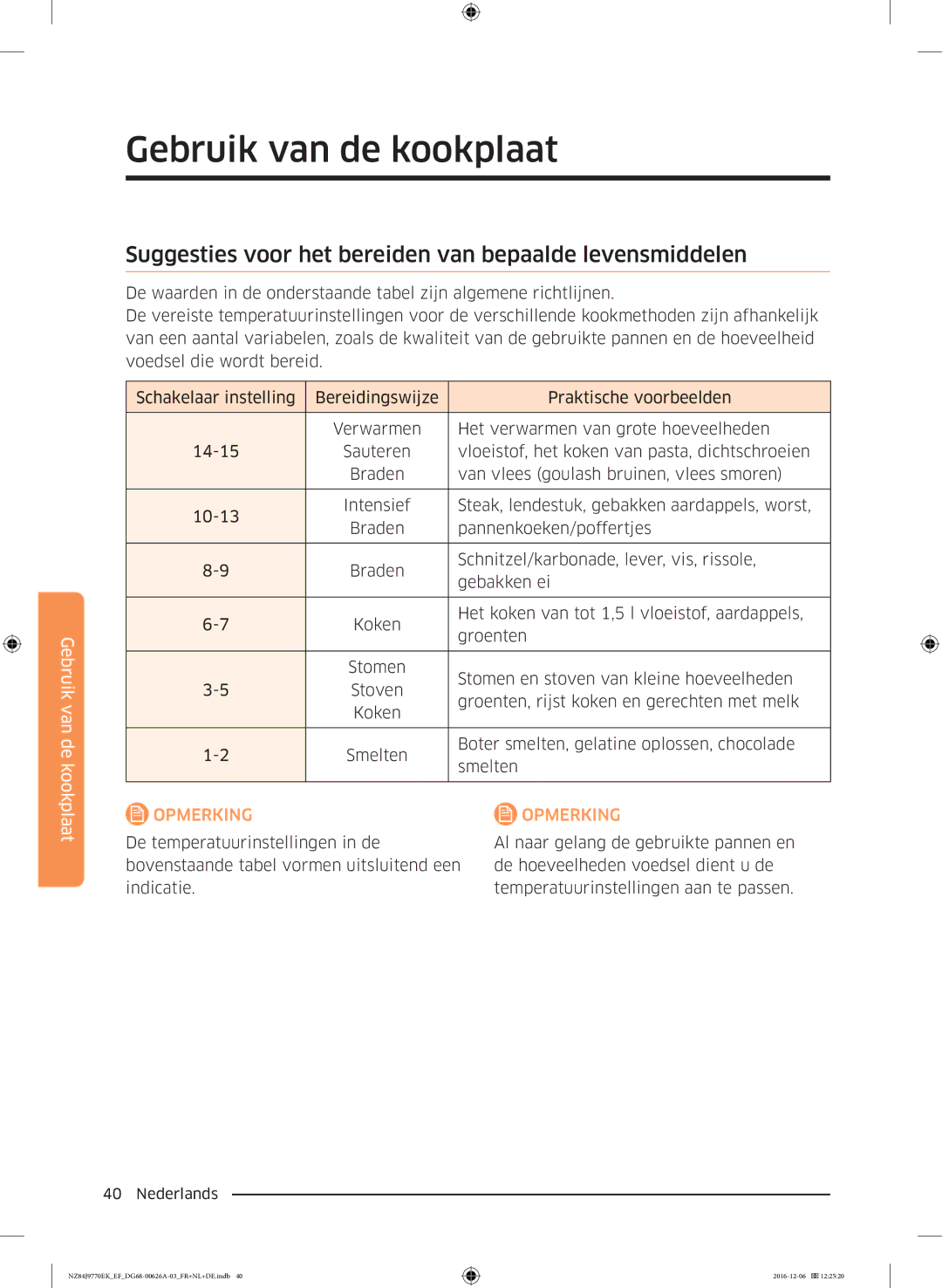 Samsung NZ84J9770EK/EF manual Suggesties voor het bereiden van bepaalde levensmiddelen 