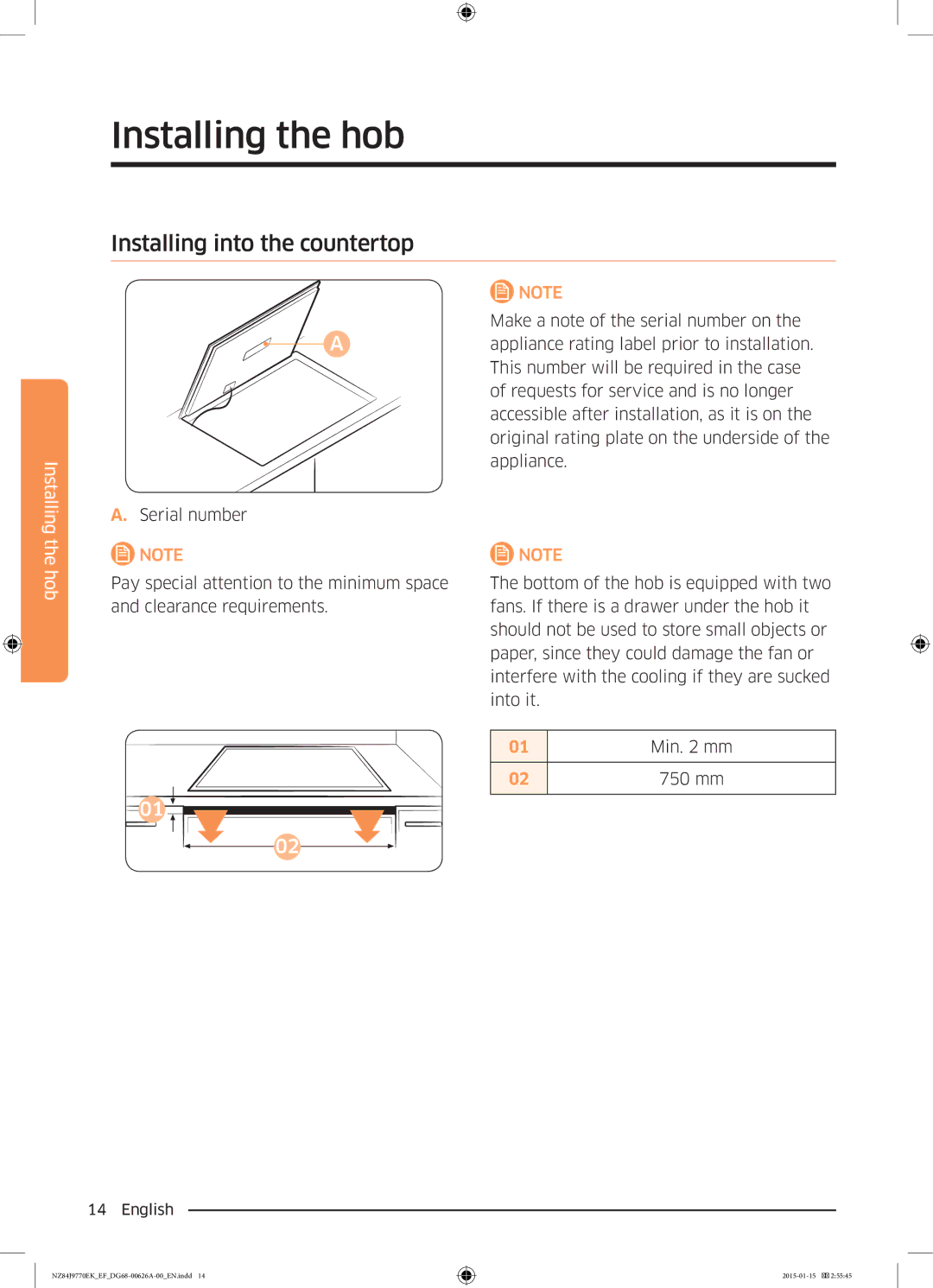 Samsung NZ84J9770EK/EF manual Installing into the countertop, 750 mm 