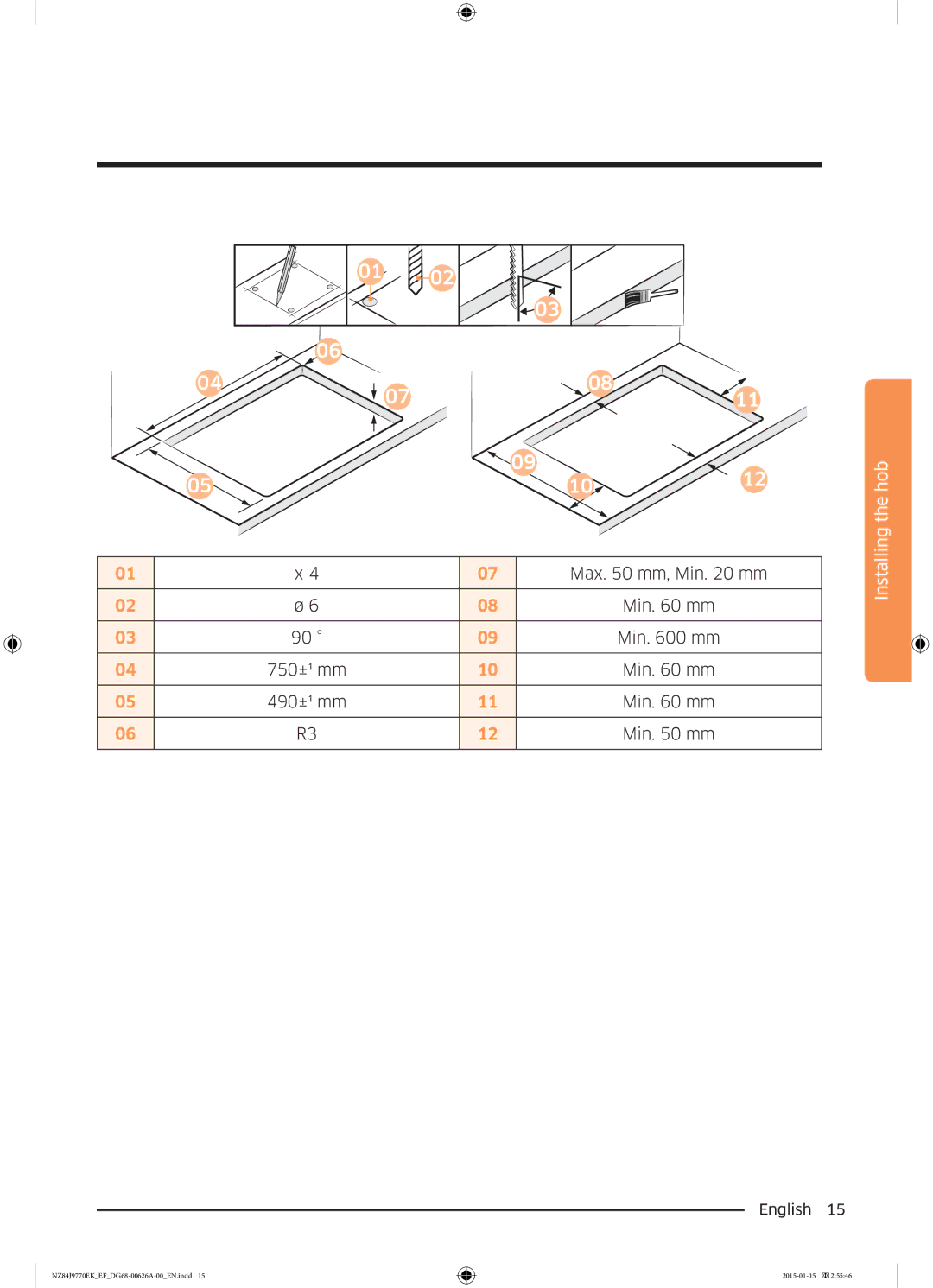 Samsung NZ84J9770EK/EF manual Max mm, Min mm 