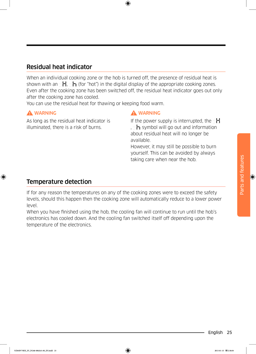 Samsung NZ84J9770EK/EF manual Residual heat indicator, Temperature detection 