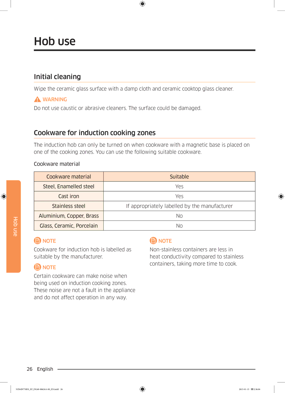 Samsung NZ84J9770EK/EF manual Hob use, Initial cleaning, Cookware for induction cooking zones 